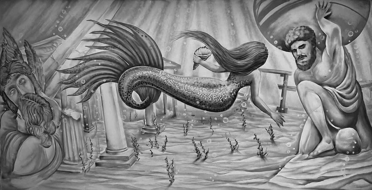 Mural pintado a mano en la pared del estudio BlackLili Tattoos, una sirena entre columnas clásicas